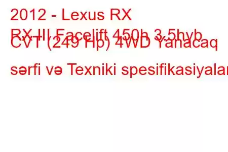 2012 - Lexus RX
RX III Facelift 450h 3.5hyb CVT (249 Hp) 4WD Yanacaq sərfi və Texniki spesifikasiyalar