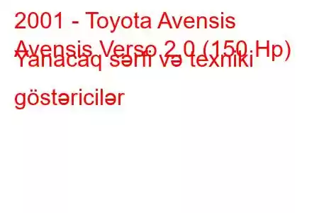 2001 - Toyota Avensis
Avensis Verso 2.0 (150 Hp) Yanacaq sərfi və texniki göstəricilər