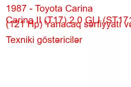 1987 - Toyota Carina
Carina II (T17) 2.0 GLI (ST171) (121 Hp) Yanacaq sərfiyyatı və Texniki göstəricilər