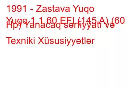 1991 - Zastava Yuqo
Yugo 1.1 60 EFI (145 A) (60 Hp) Yanacaq sərfiyyatı və Texniki Xüsusiyyətlər