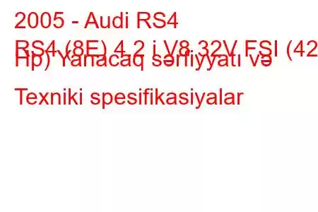 2005 - Audi RS4
RS4 (8E) 4.2 i V8 32V FSI (420 Hp) Yanacaq sərfiyyatı və Texniki spesifikasiyalar