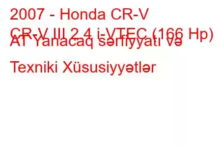 2007 - Honda CR-V
CR-V III 2.4 i-VTEC (166 Hp) AT Yanacaq sərfiyyatı və Texniki Xüsusiyyətlər