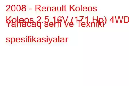 2008 - Renault Koleos
Koleos 2.5 16V (171 Hp) 4WD Yanacaq sərfi və Texniki spesifikasiyalar