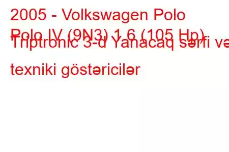 2005 - Volkswagen Polo
Polo IV (9N3) 1.6 (105 Hp) Triptronic 3-d Yanacaq sərfi və texniki göstəricilər