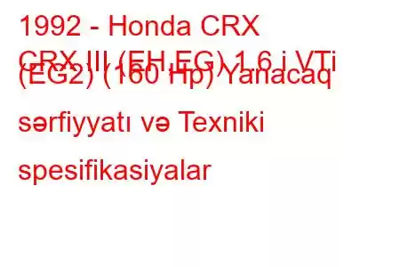 1992 - Honda CRX
CRX III (EH,EG) 1.6 i VTi (EG2) (160 Hp) Yanacaq sərfiyyatı və Texniki spesifikasiyalar