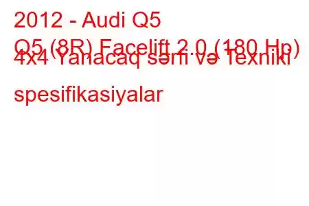 2012 - Audi Q5
Q5 (8R) Facelift 2.0 (180 Hp) 4x4 Yanacaq sərfi və Texniki spesifikasiyalar