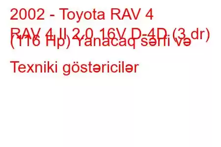 2002 - Toyota RAV 4
RAV 4 II 2.0 16V D-4D (3 dr) (116 Hp) Yanacaq sərfi və Texniki göstəricilər