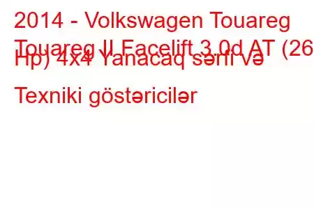 2014 - Volkswagen Touareg
Touareg II Facelift 3.0d AT (262 Hp) 4x4 Yanacaq sərfi və Texniki göstəricilər