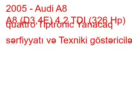 2005 - Audi A8
A8 (D3,4E) 4.2 TDI (326 Hp) quattro Tiptronic Yanacaq sərfiyyatı və Texniki göstəricilər