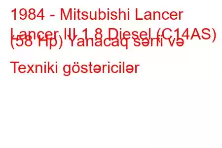 1984 - Mitsubishi Lancer
Lancer III 1.8 Diesel (C14AS) (58 Hp) Yanacaq sərfi və Texniki göstəricilər