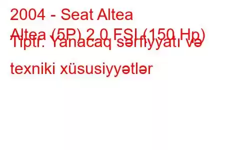 2004 - Seat Altea
Altea (5P) 2.0 FSI (150 Hp) Tiptr. Yanacaq sərfiyyatı və texniki xüsusiyyətlər