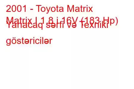 2001 - Toyota Matrix
Matrix I 1.8 i 16V (183 Hp) Yanacaq sərfi və Texniki göstəricilər