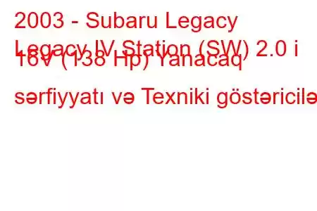 2003 - Subaru Legacy
Legacy IV Station (SW) 2.0 i 16V (138 Hp) Yanacaq sərfiyyatı və Texniki göstəricilər