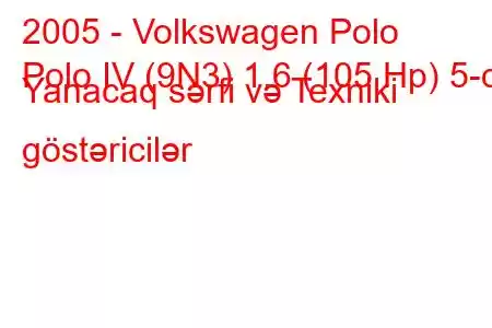 2005 - Volkswagen Polo
Polo IV (9N3) 1.6 (105 Hp) 5-d Yanacaq sərfi və Texniki göstəricilər