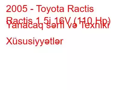 2005 - Toyota Ractis
Ractis 1.5i 16V (110 Hp) Yanacaq sərfi və Texniki Xüsusiyyətlər