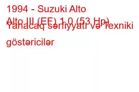 1994 - Suzuki Alto
Alto III (EF) 1.0 (53 Hp) Yanacaq sərfiyyatı və Texniki göstəricilər