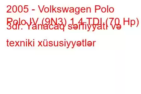 2005 - Volkswagen Polo
Polo IV (9N3) 1.4 TDI (70 Hp) 3dr. Yanacaq sərfiyyatı və texniki xüsusiyyətlər