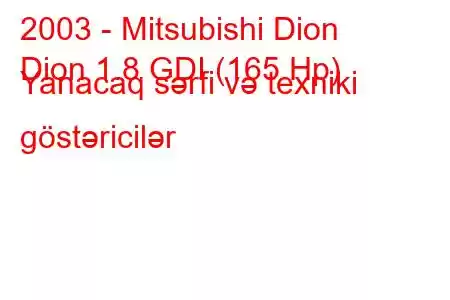 2003 - Mitsubishi Dion
Dion 1.8 GDI (165 Hp) Yanacaq sərfi və texniki göstəricilər