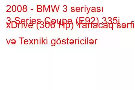 2008 - BMW 3 seriyası
3 Series Coupe (E92) 335i xDrive (306 Hp) Yanacaq sərfi və Texniki göstəricilər