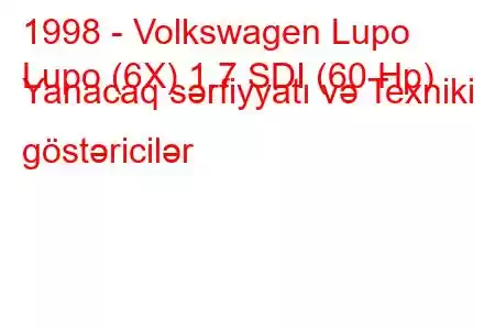 1998 - Volkswagen Lupo
Lupo (6X) 1.7 SDI (60 Hp) Yanacaq sərfiyyatı və Texniki göstəricilər