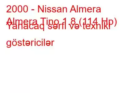 2000 - Nissan Almera
Almera Tino 1.8 (114 Hp) Yanacaq sərfi və texniki göstəricilər