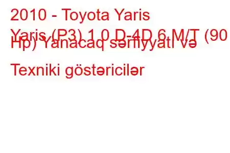 2010 - Toyota Yaris
Yaris (P3) 1.0 D-4D 6 M/T (90 Hp) Yanacaq sərfiyyatı və Texniki göstəricilər