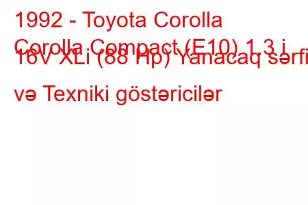 1992 - Toyota Corolla
Corolla Compact (E10) 1.3 i 16V XLi (88 Hp) Yanacaq sərfi və Texniki göstəricilər