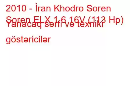 2010 - İran Khodro Soren
Soren ELX 1.6 16V (113 Hp) Yanacaq sərfi və texniki göstəricilər