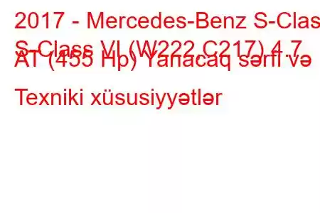 2017 - Mercedes-Benz S-Class
S-Class VI (W222,C217) 4.7 AT (455 Hp) Yanacaq sərfi və Texniki xüsusiyyətlər