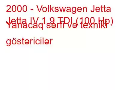 2000 - Volkswagen Jetta
Jetta IV 1.9 TDI (100 Hp) Yanacaq sərfi və texniki göstəricilər