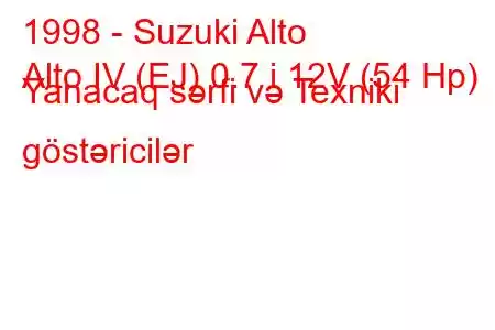 1998 - Suzuki Alto
Alto IV (EJ) 0.7 i 12V (54 Hp) Yanacaq sərfi və Texniki göstəricilər