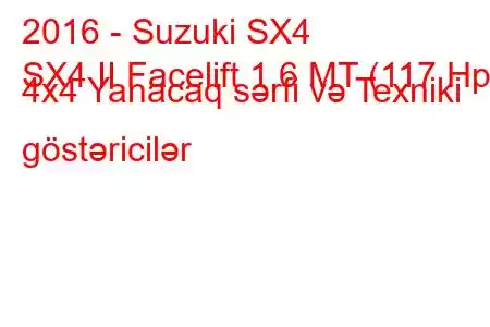 2016 - Suzuki SX4
SX4 II Facelift 1.6 MT (117 Hp) 4x4 Yanacaq sərfi və Texniki göstəricilər