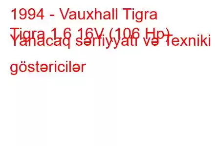 1994 - Vauxhall Tigra
Tigra 1.6 16V (106 Hp) Yanacaq sərfiyyatı və Texniki göstəricilər