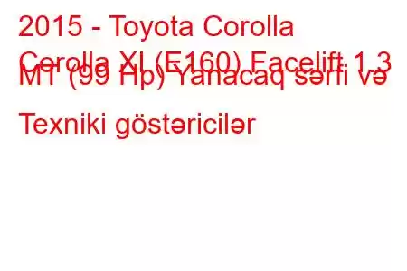 2015 - Toyota Corolla
Corolla XI (E160) Facelift 1.3 MT (99 Hp) Yanacaq sərfi və Texniki göstəricilər