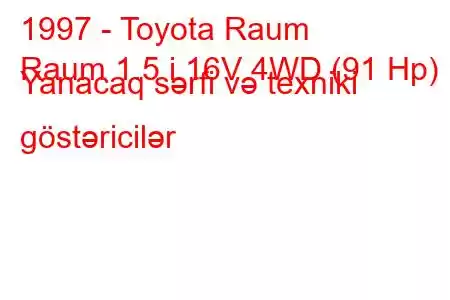 1997 - Toyota Raum
Raum 1.5 i 16V 4WD (91 Hp) Yanacaq sərfi və texniki göstəricilər